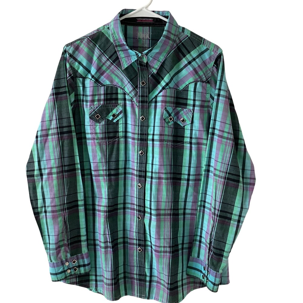 Rock 47 by Wrangler Plaid Western Shirtβ XL Turquoise Green Purple Long Sleeve